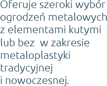Oferuje szeroki wybór ogrodzeń metalowych  z elementami kutymi lub bez w zakresie metaloplastyki tradycyjnej  i nowoczesnej.